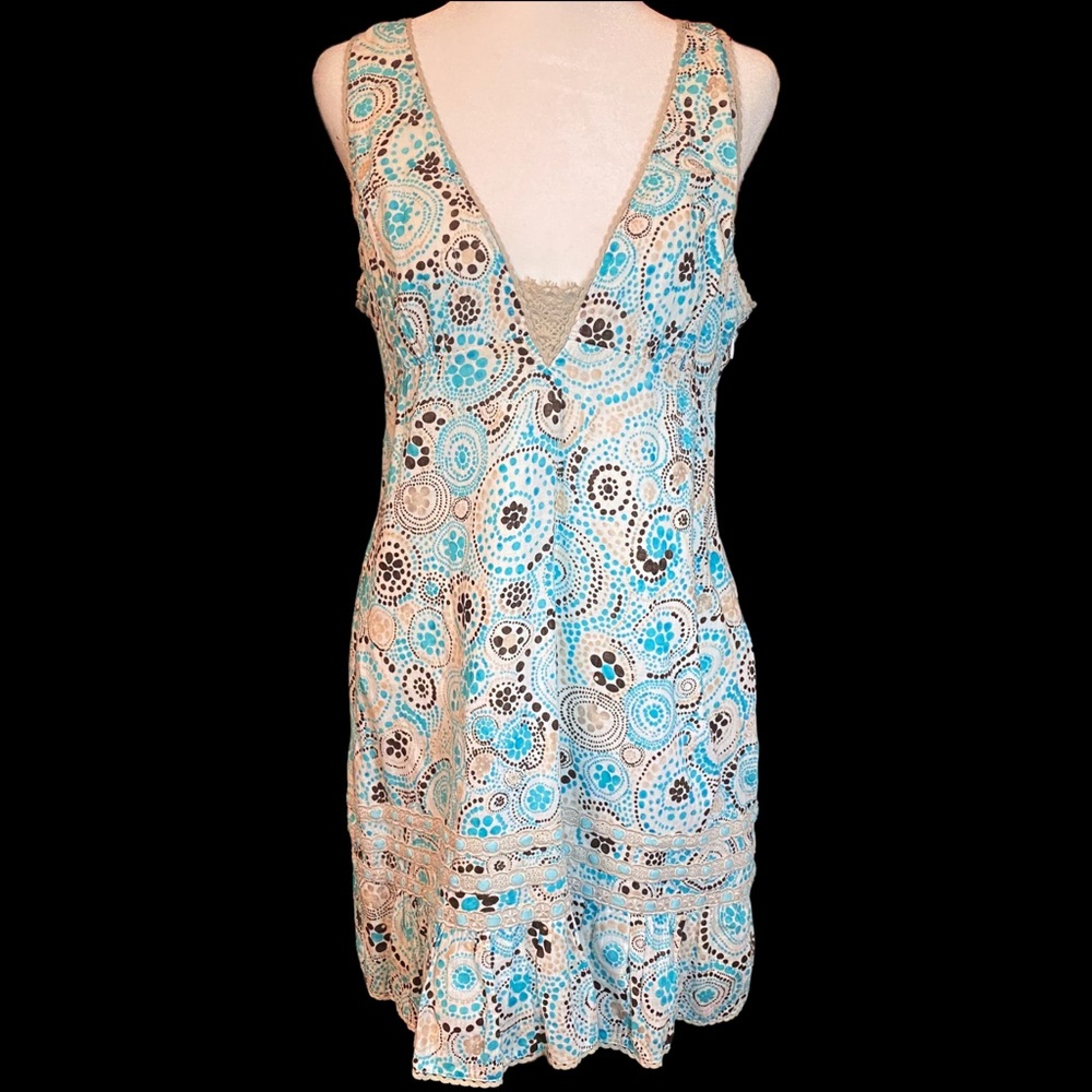Free People Blue Tan Retro Style Mini Dress Sz10